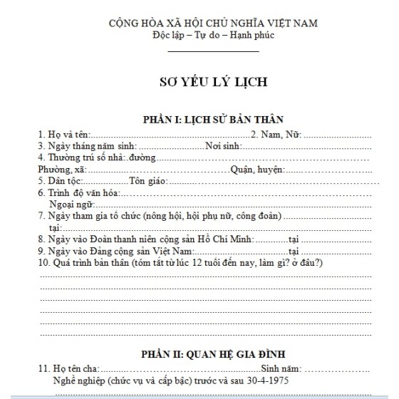 Mẫu sơ yếu lý lịch 
